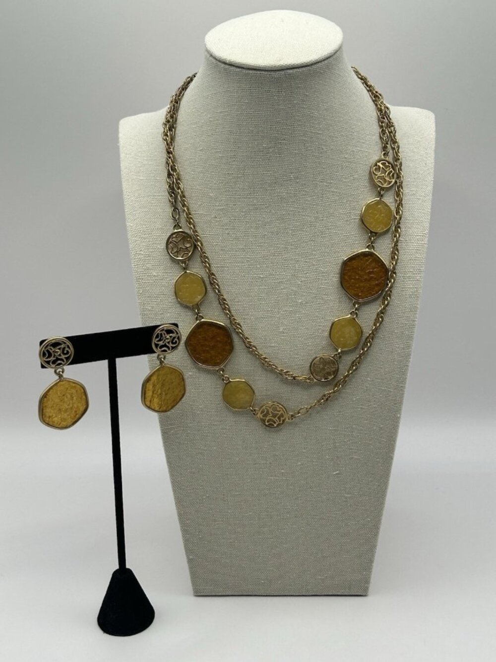 SARAH COVENTRY Necklace & Earrings Taste Of Honey Amber Discs Gold Tone Vintage